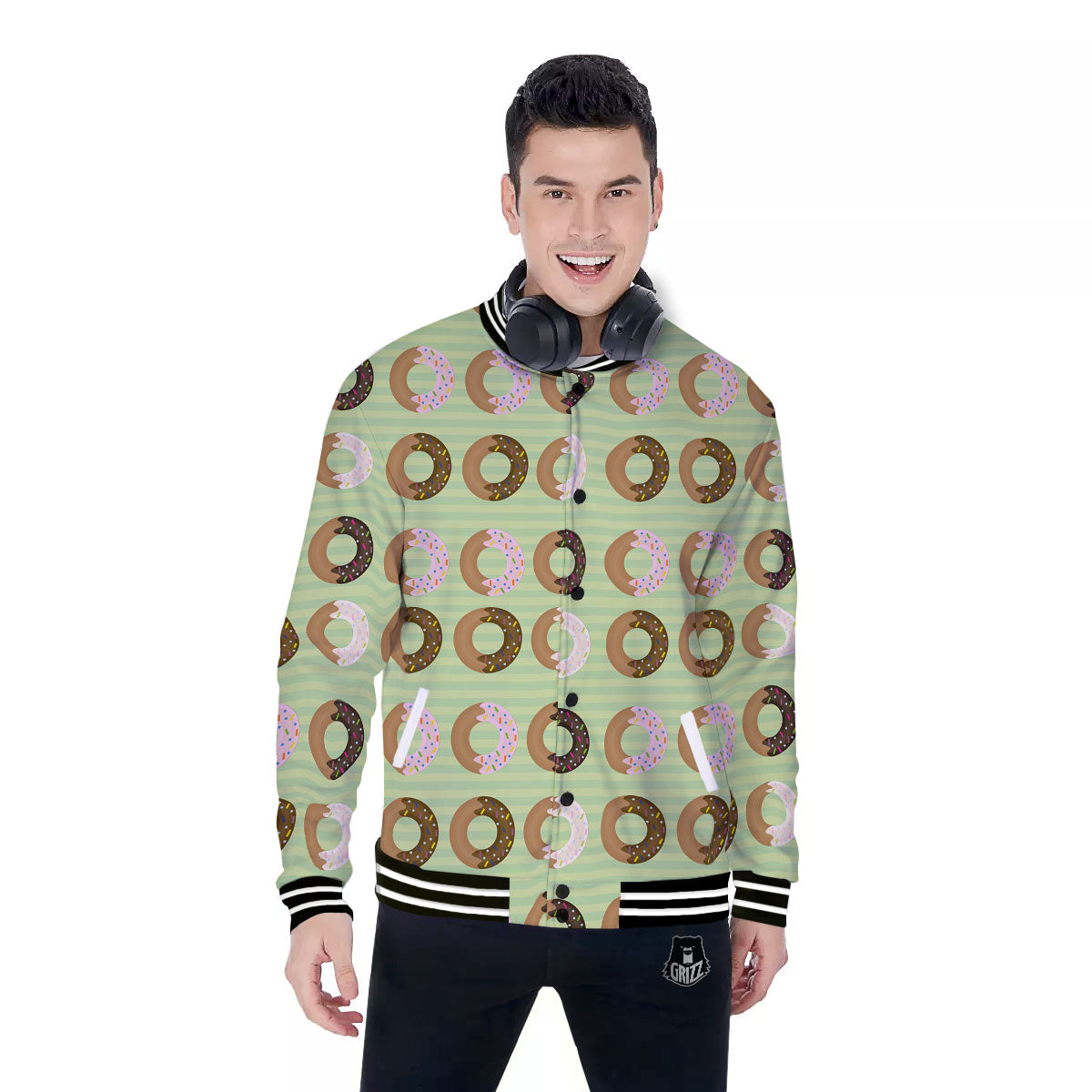 Donut Striped Green Print Pattern Baseball Jacket-grizzshop