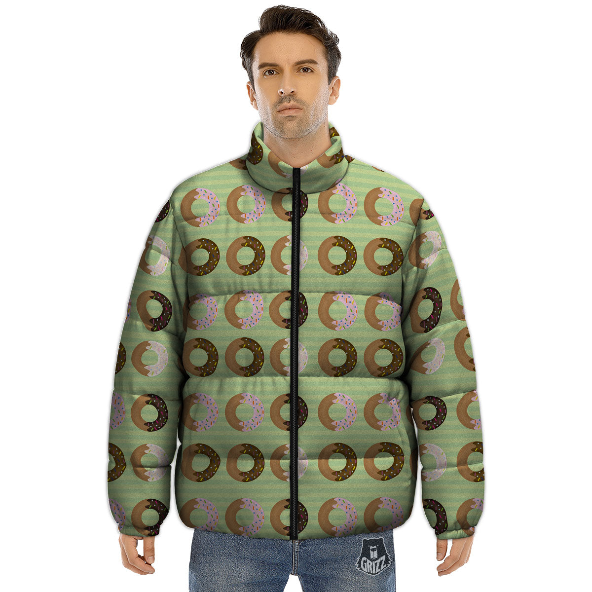 Donut Striped Green Print Pattern Puffer Jacket-grizzshop