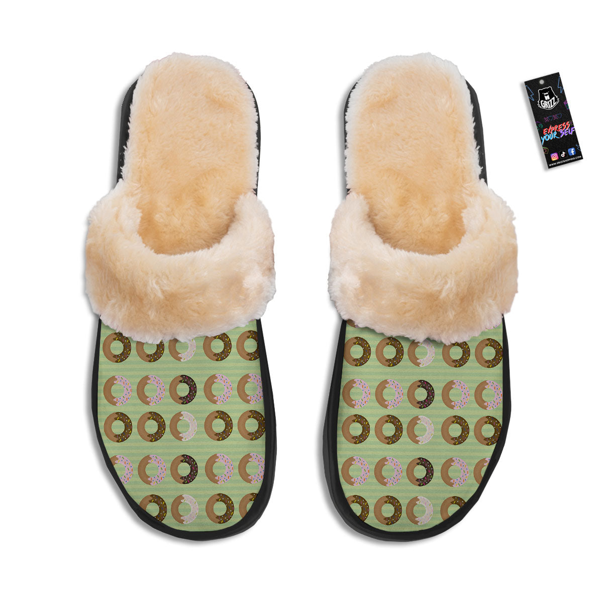 Donut Striped Green Print Pattern Slippers-grizzshop