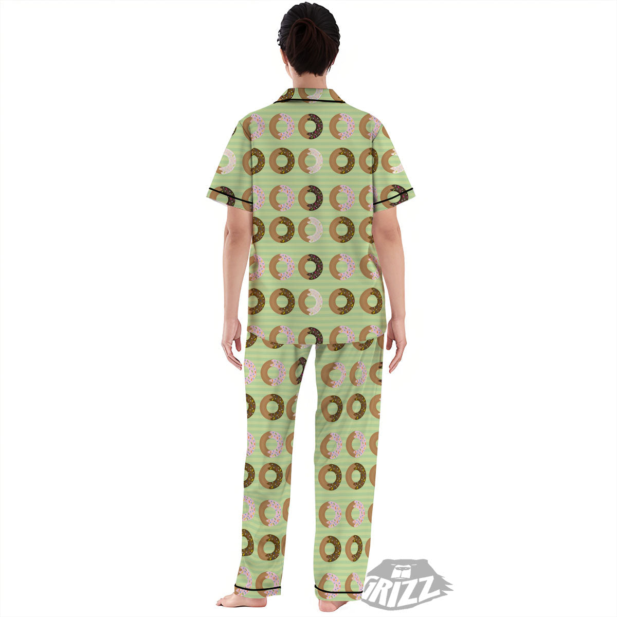 Donut Striped Green Print Pattern Women's Pajamas Set-grizzshop
