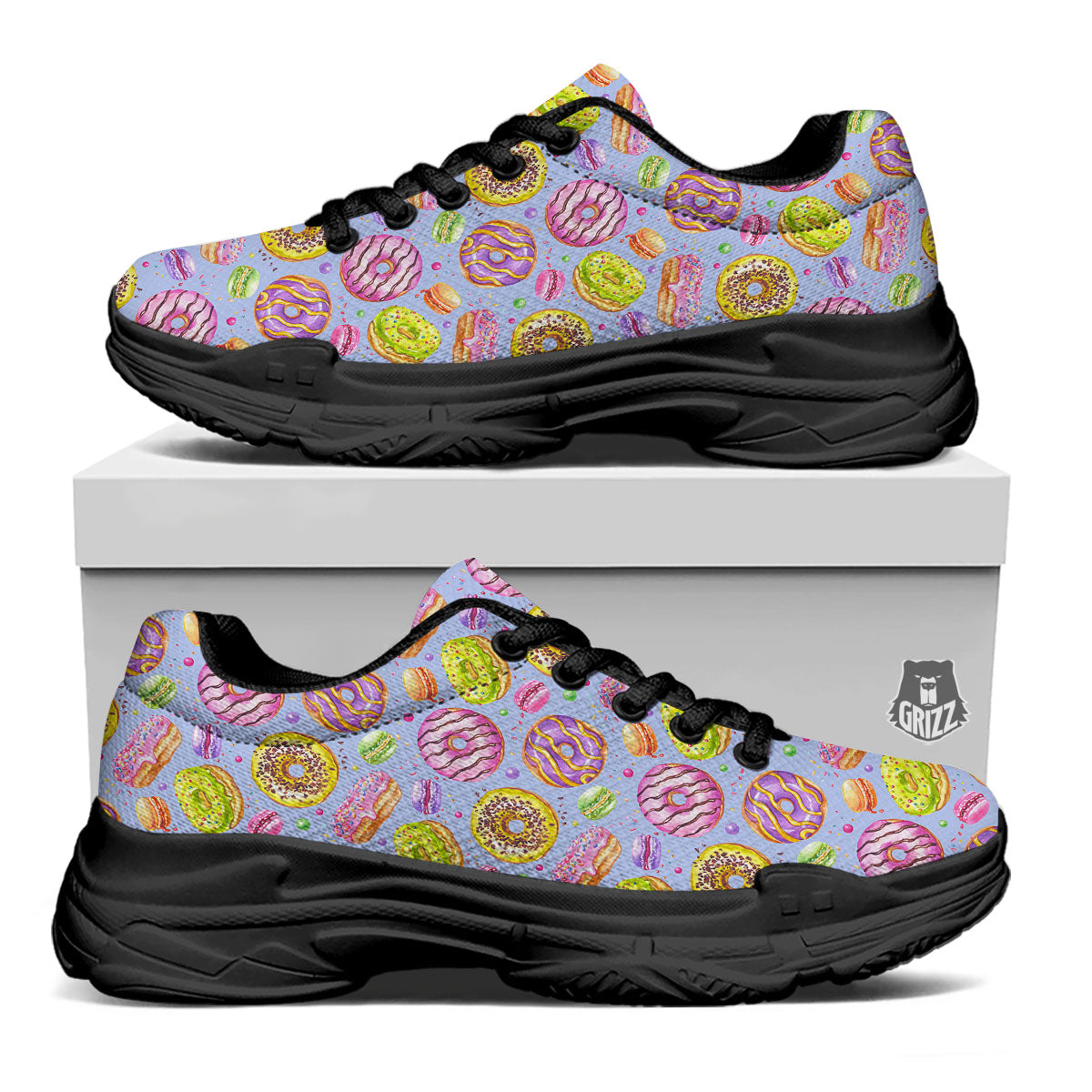 Donuts Print Pattern Black Chunky Shoes-grizzshop