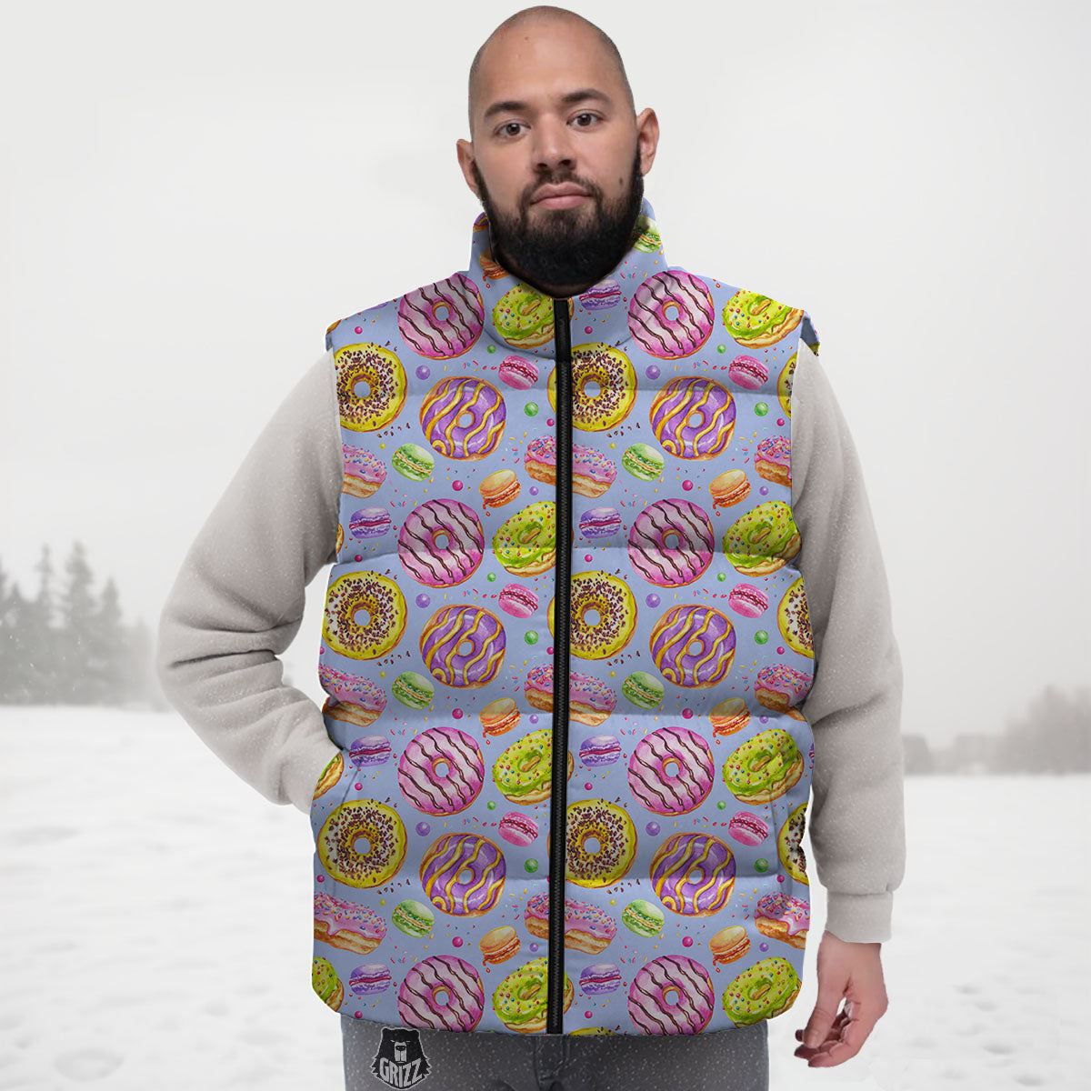 Donuts Print Pattern Down Vest-grizzshop