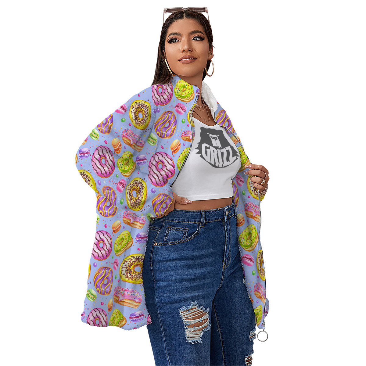 Donuts Print Pattern Women's Sherpa Jacket-grizzshop
