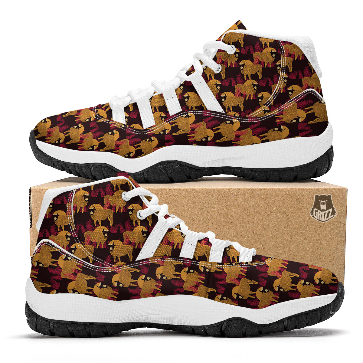 Doodle Bison Print Pattern White Bball Shoes-grizzshop