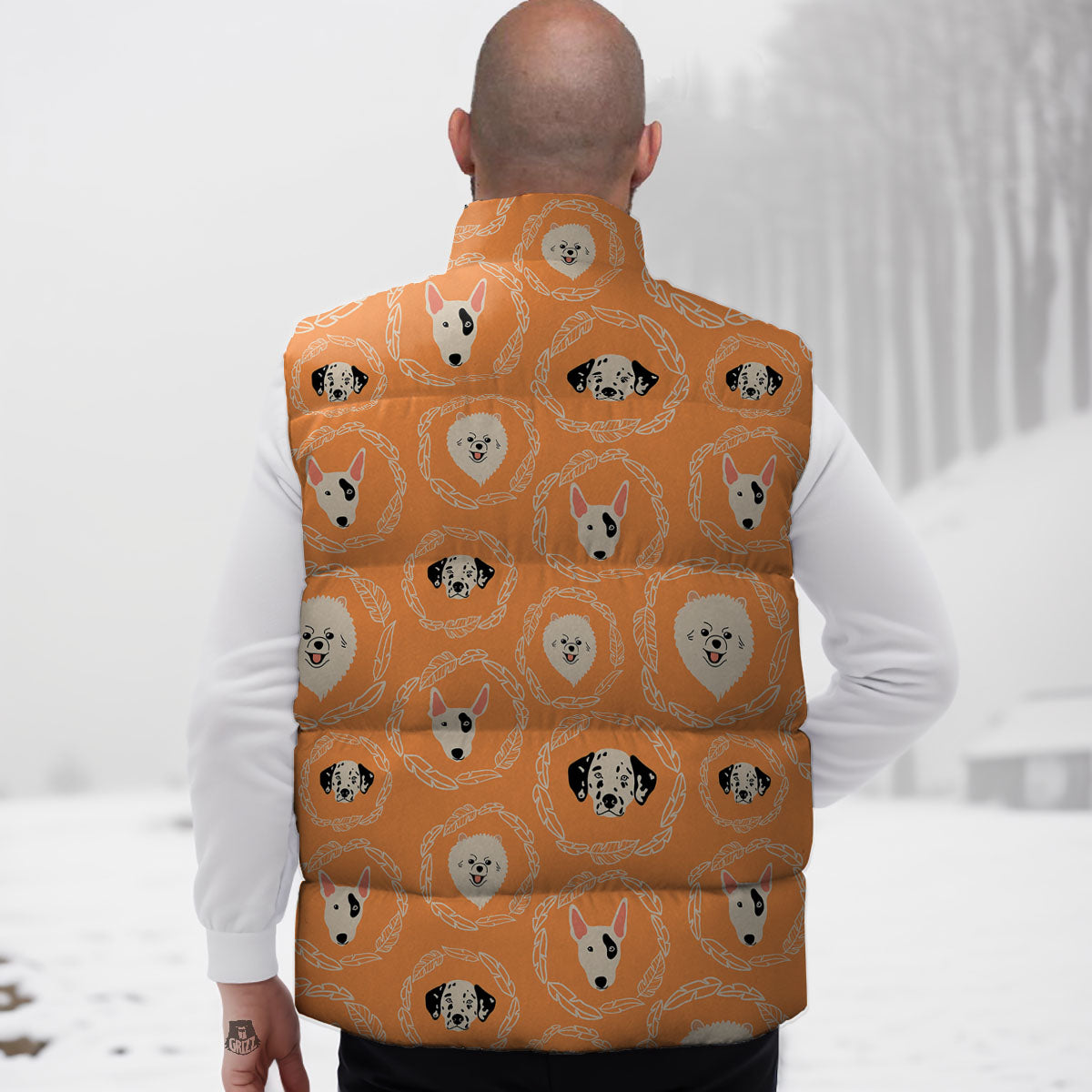 Doodle Dog Orange Print Pattern Down Vest-grizzshop