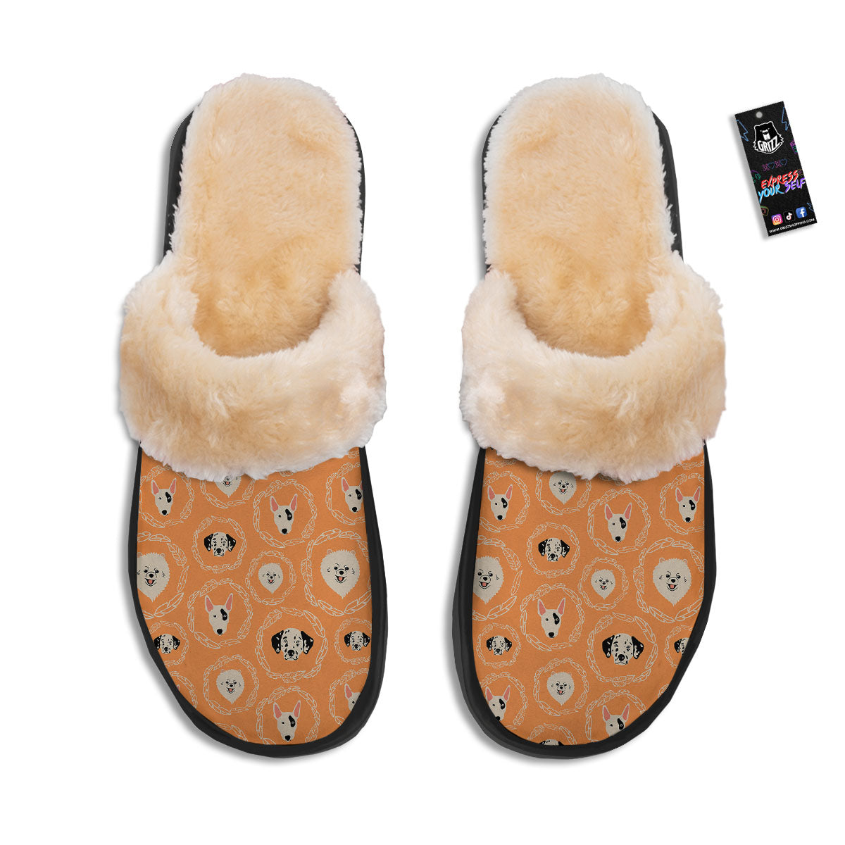Doodle Dog Orange Print Pattern Slippers-grizzshop