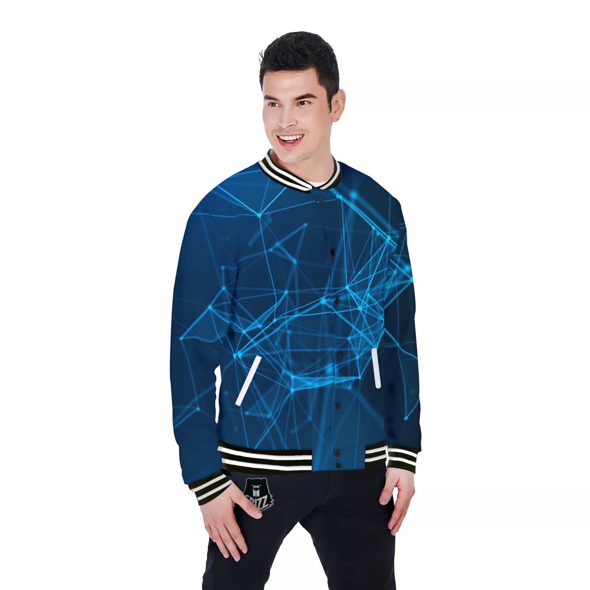 Dot Geometric Teal Polygonal Print Baseball Jacket-grizzshop