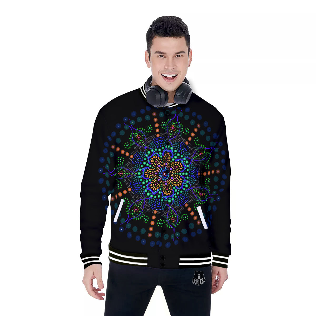 Dot Mandala Green White Print Baseball Jacket-grizzshop