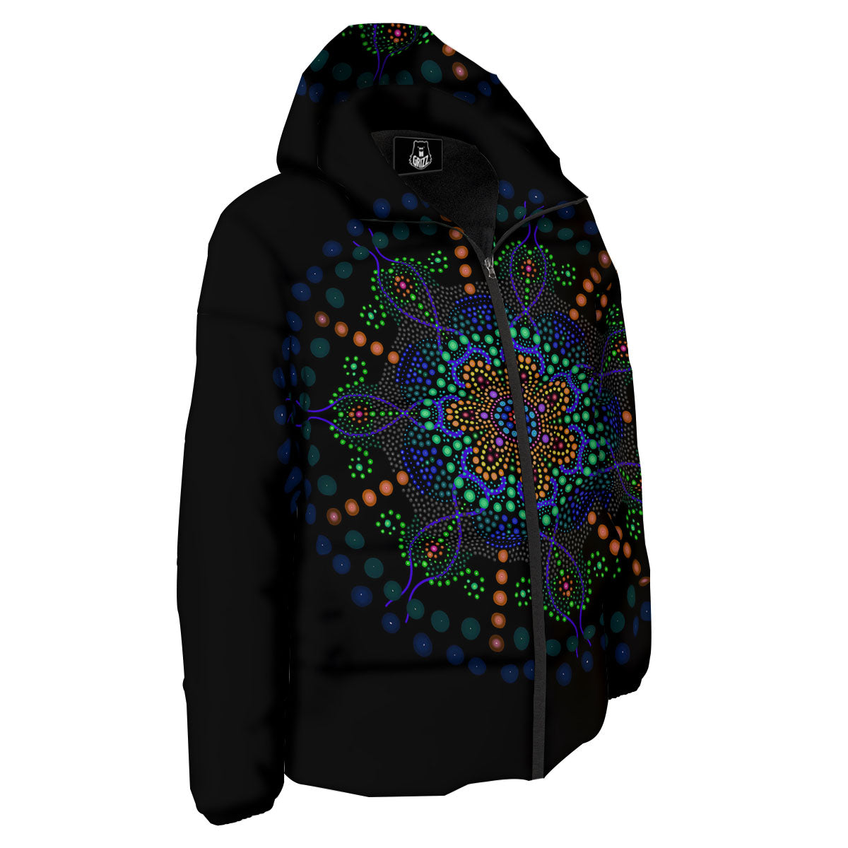 Dot Mandala Green White Print Down Jacket-grizzshop