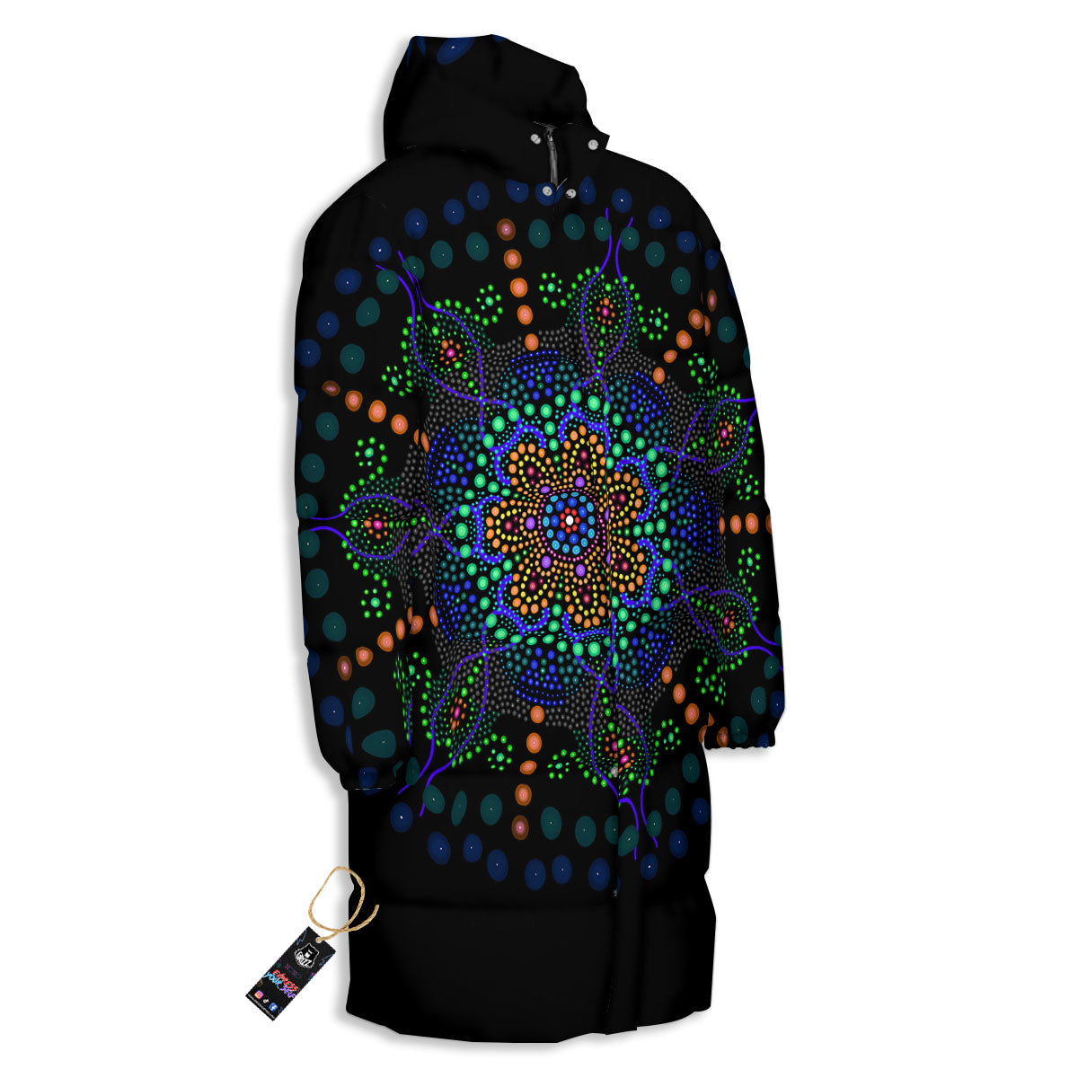 Dot Mandala Green White Print Long Down Jacket-grizzshop