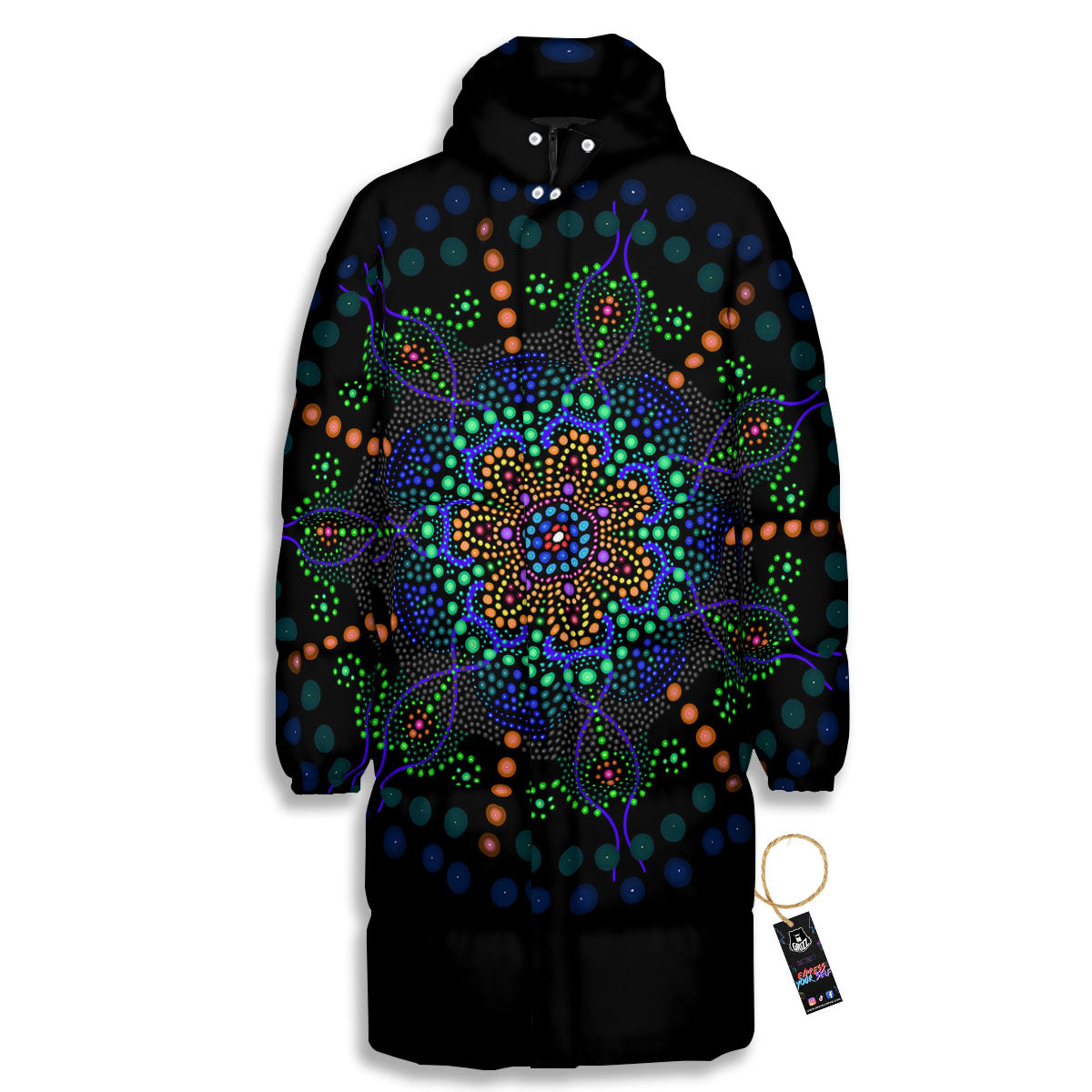 Dot Mandala Green White Print Long Down Jacket-grizzshop