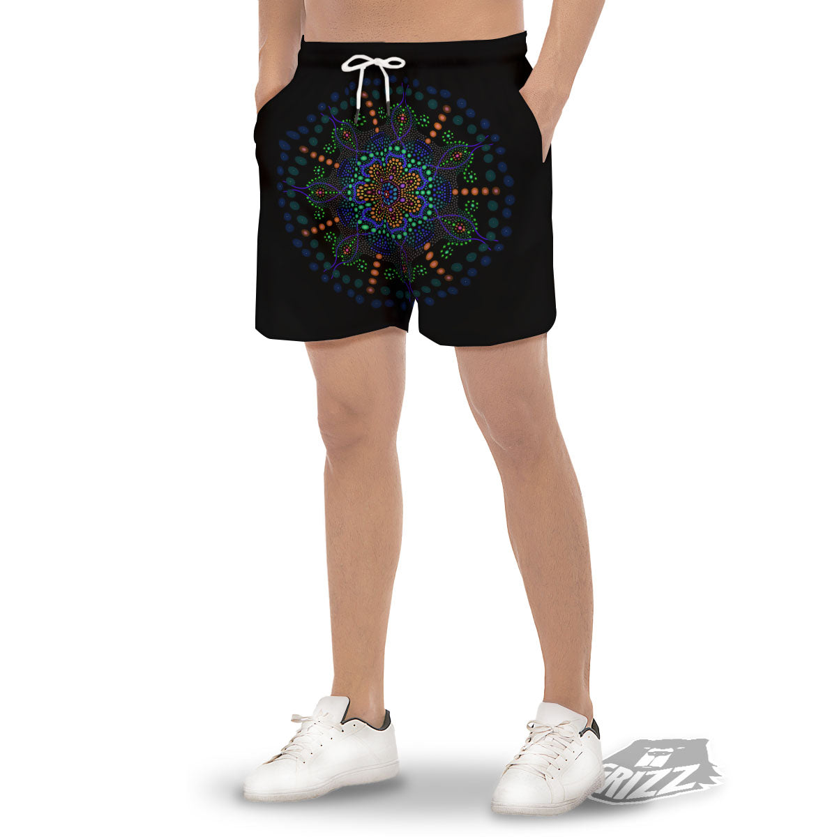 Dot Mandala Green White Print Men's Gym Shorts-grizzshop
