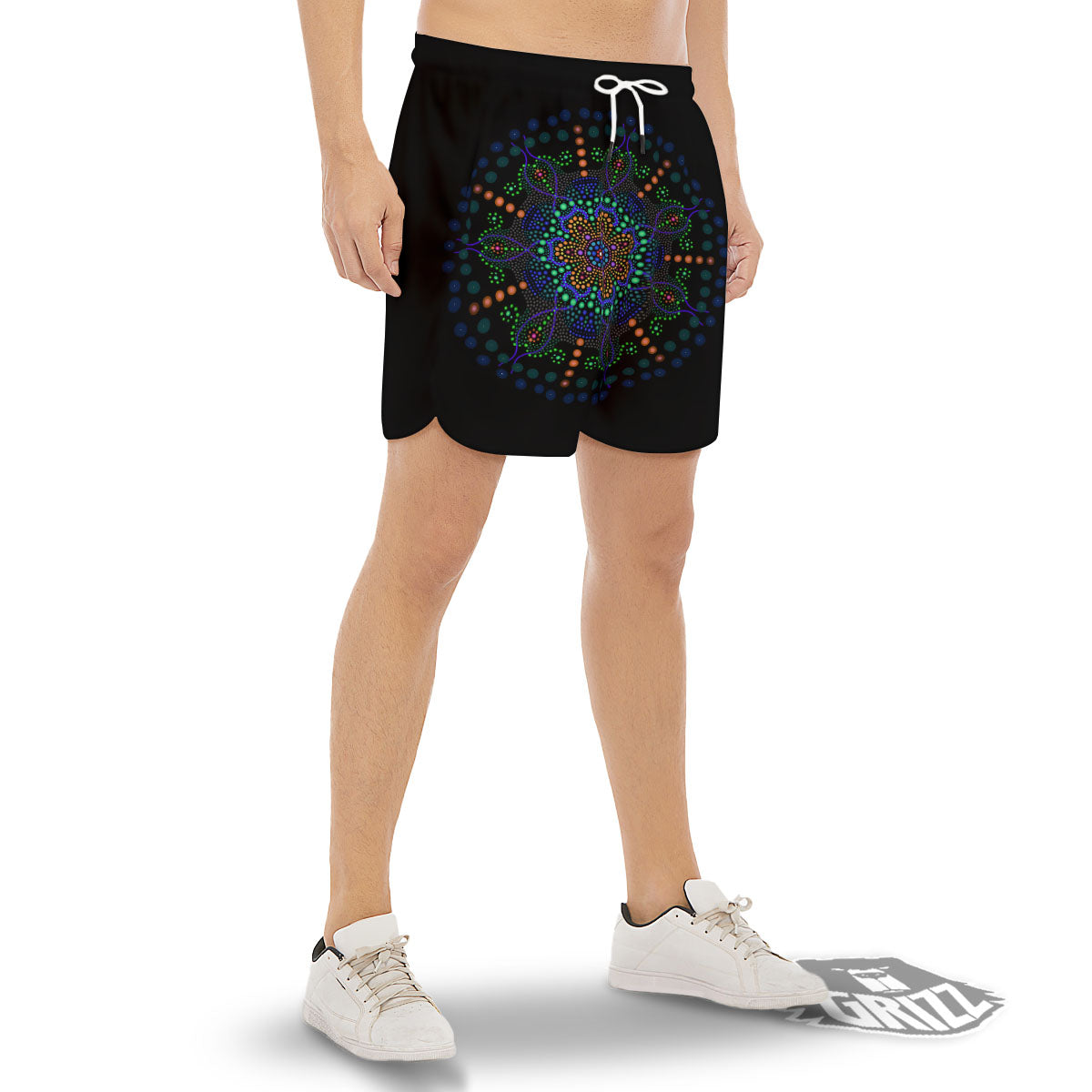Dot Mandala Green White Print Men's Gym Shorts-grizzshop