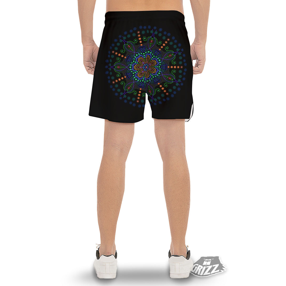 Dot Mandala Green White Print Men's Gym Shorts-grizzshop