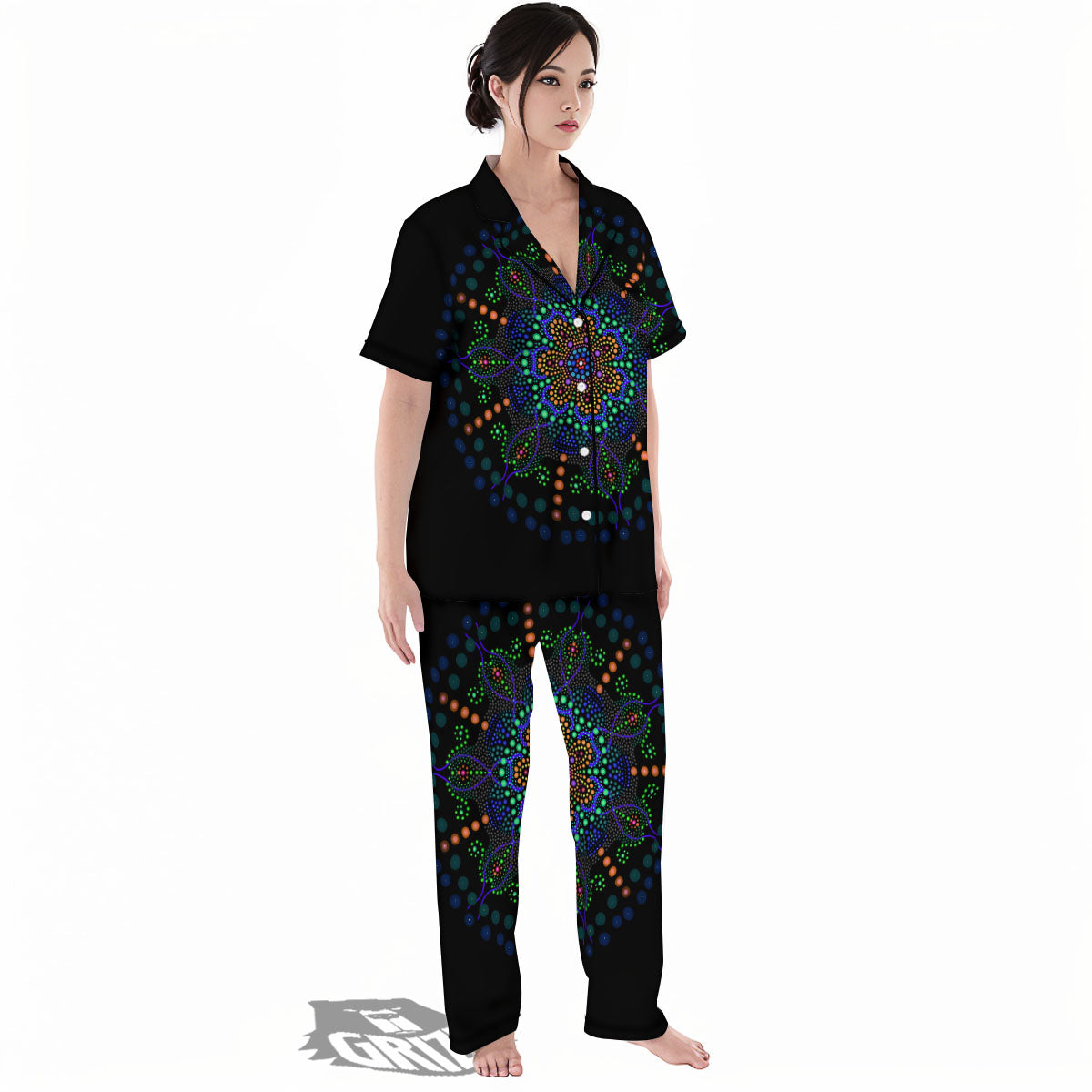 Dot Mandala Green White Print Women's Pajamas Set-grizzshop