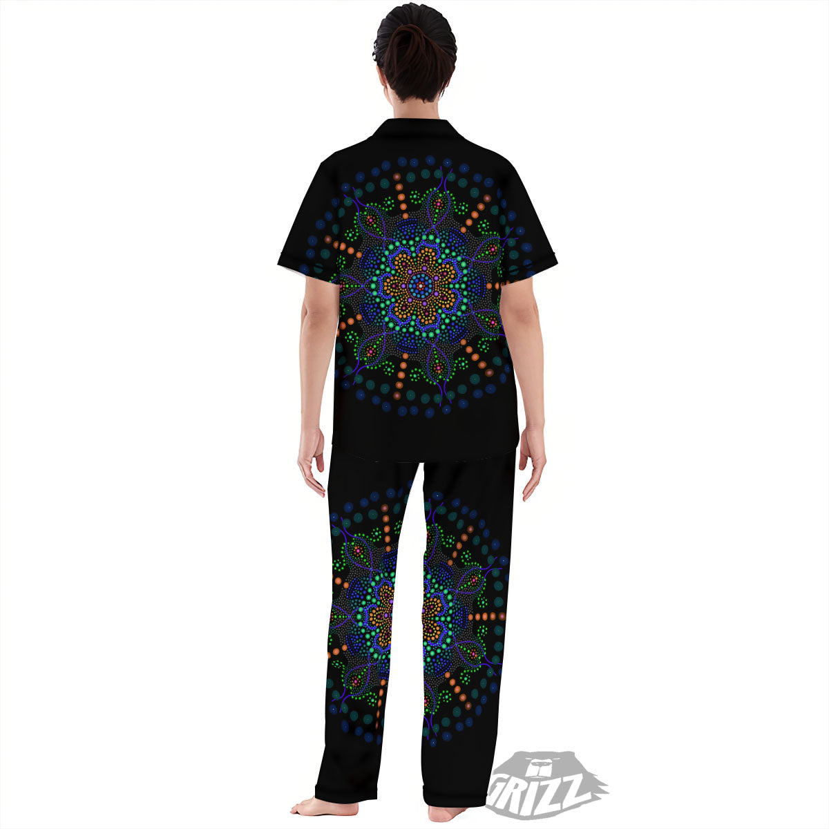 Dot Mandala Green White Print Women's Pajamas Set-grizzshop