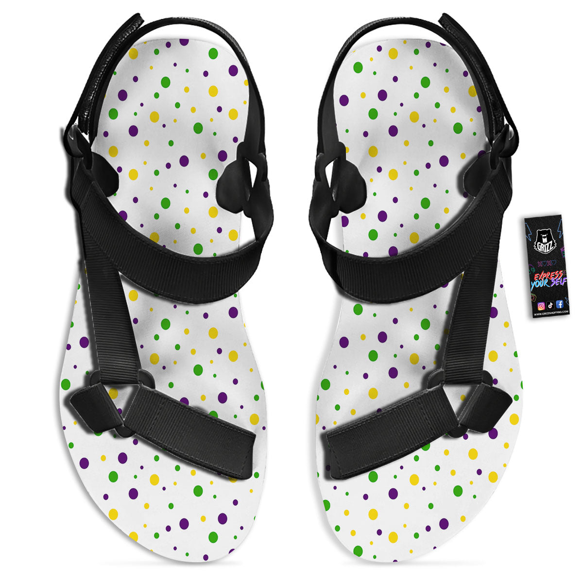 Dot Mardi Gras Print Pattern Black Open Toe Sandals-grizzshop