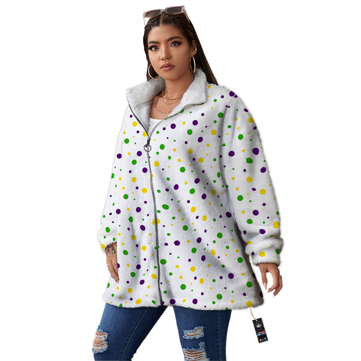 Dot Mardi Gras Print Pattern Women's Sherpa Jacket-grizzshop