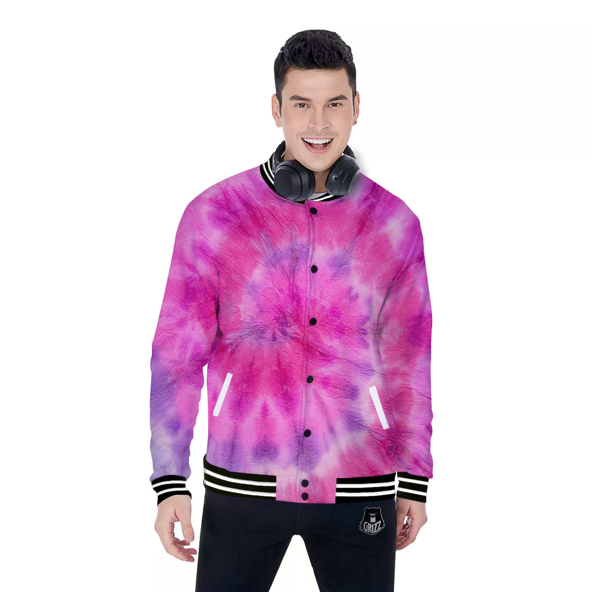 Double Pink Tie Dye Print Baseball Jacket-grizzshop