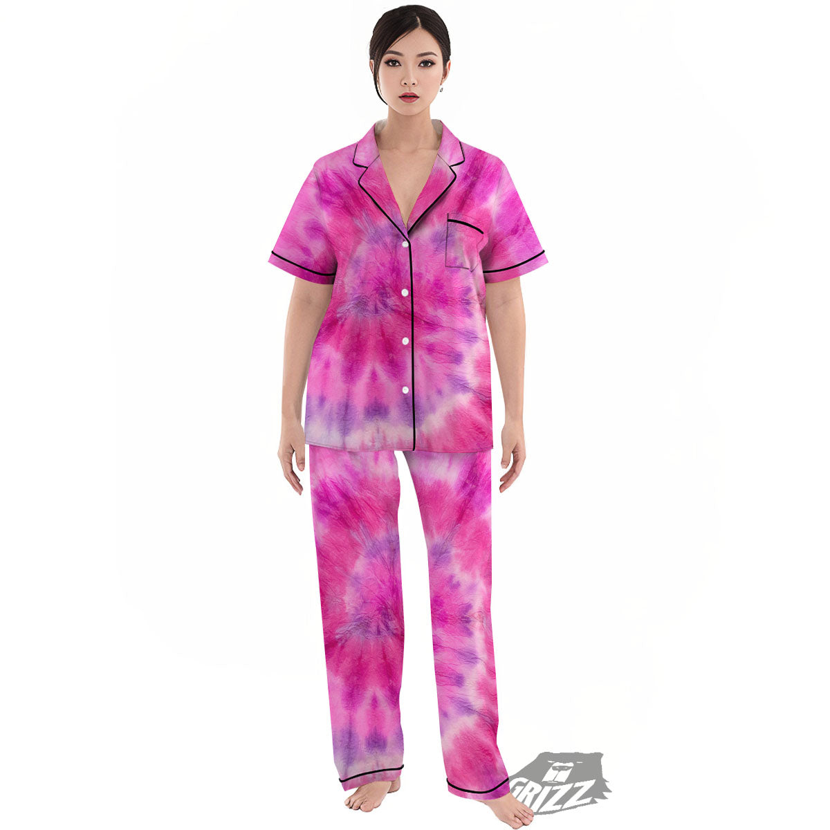 Double Pink Tie Dye Print Women's Pajamas Set-grizzshop