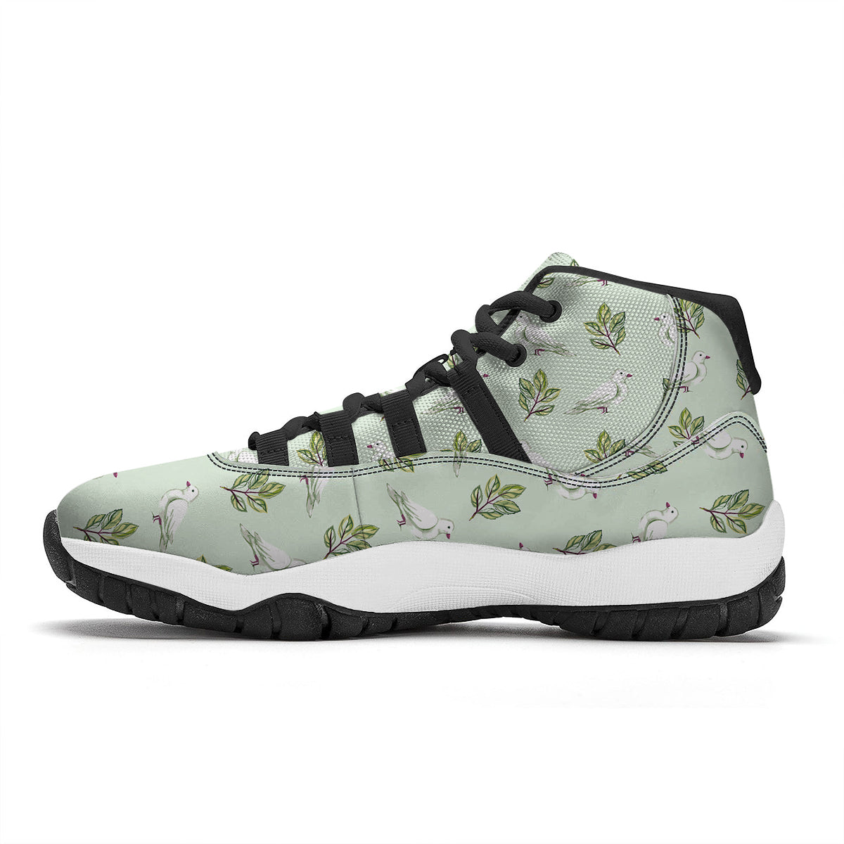 Dove And Leaf Green Print Pattern Black Bball Shoes-grizzshop