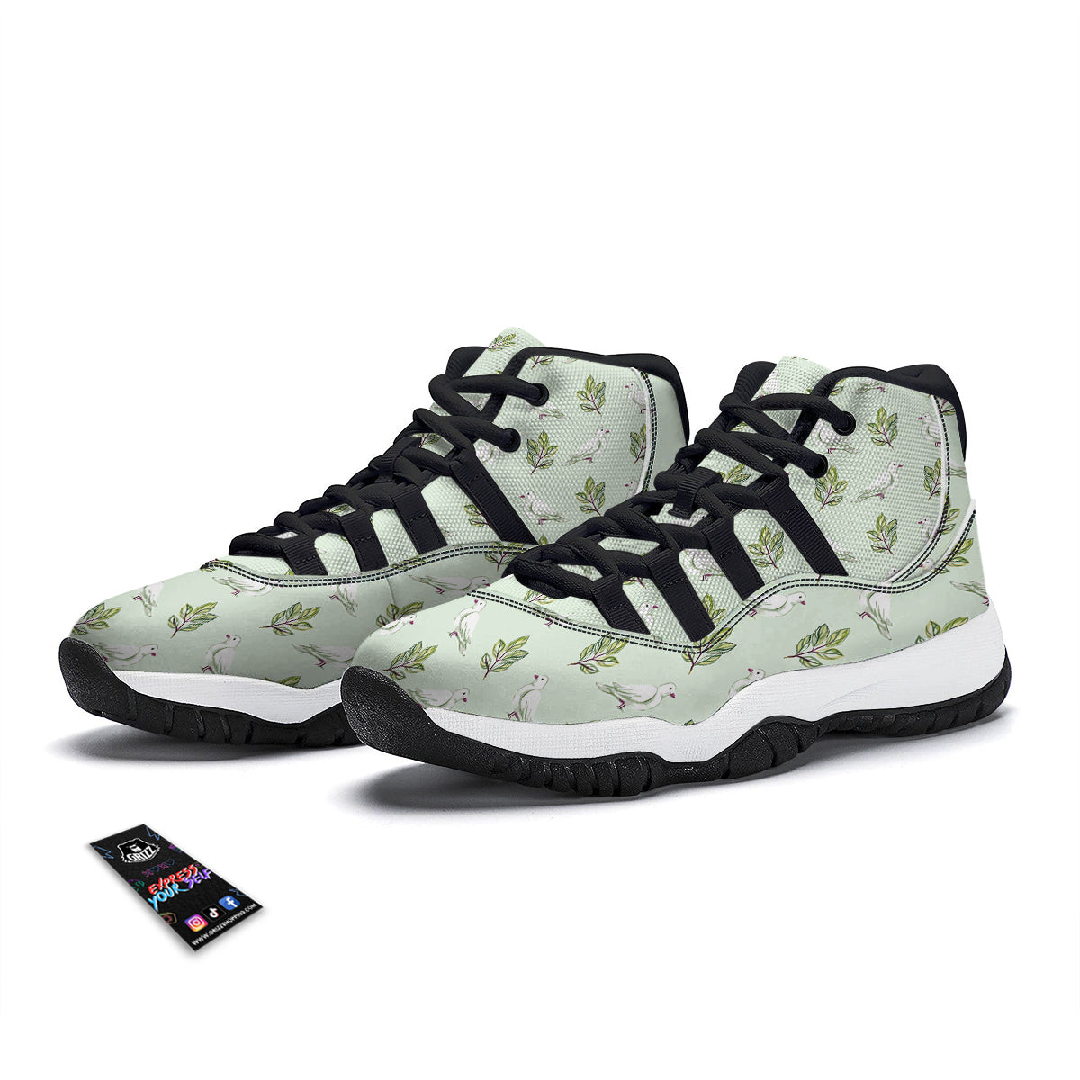Dove And Leaf Green Print Pattern Black Bball Shoes-grizzshop