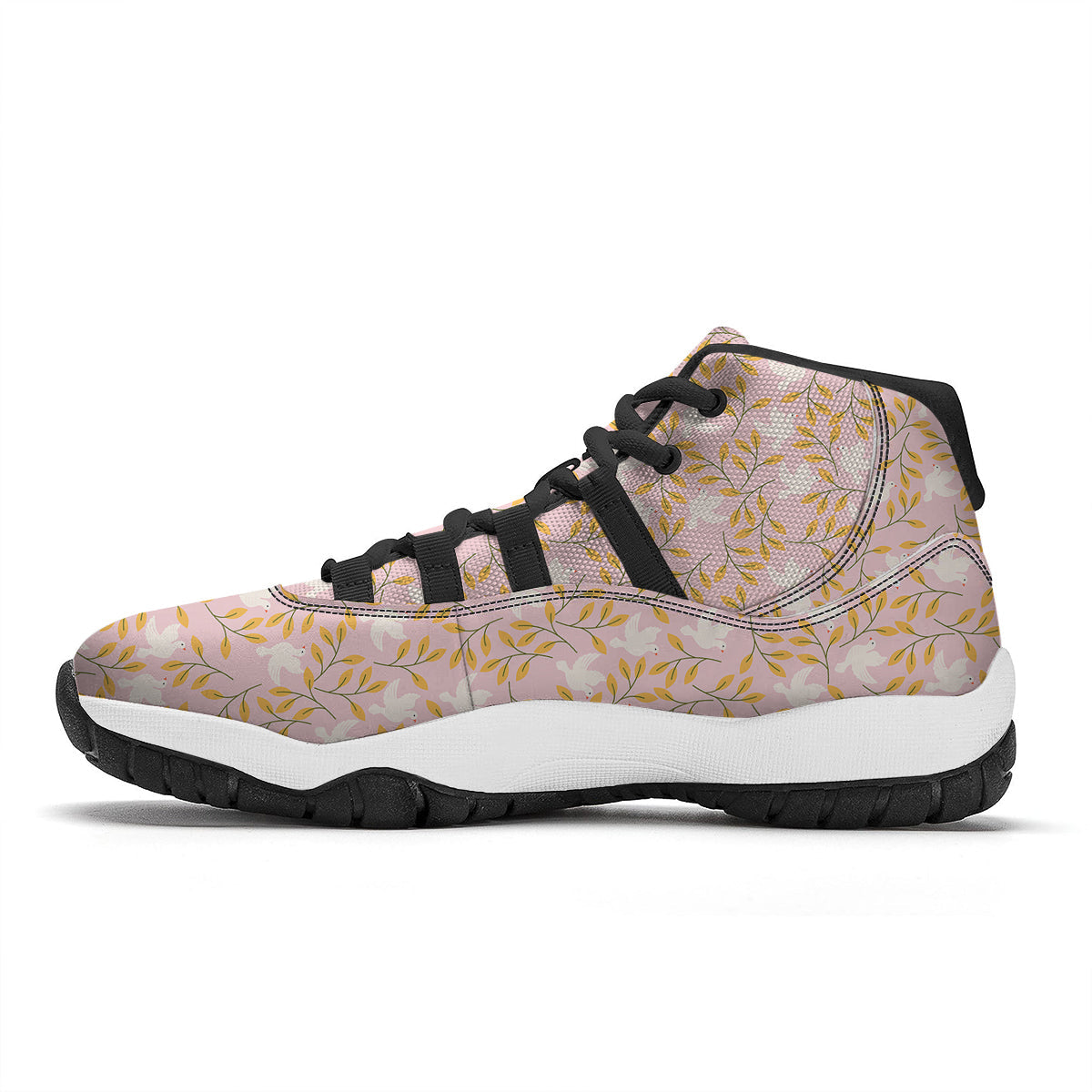 Dove Pink And Leaf Print Pattern Black Bball Shoes-grizzshop