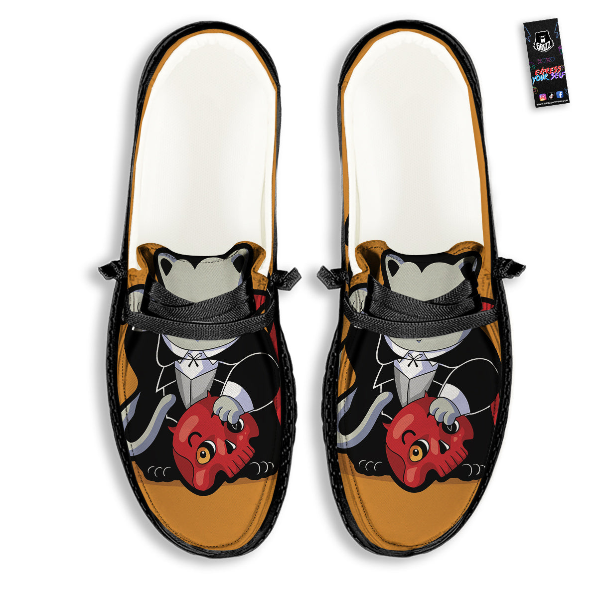 Dracula Cute Cat Print Black Loafers-grizzshop