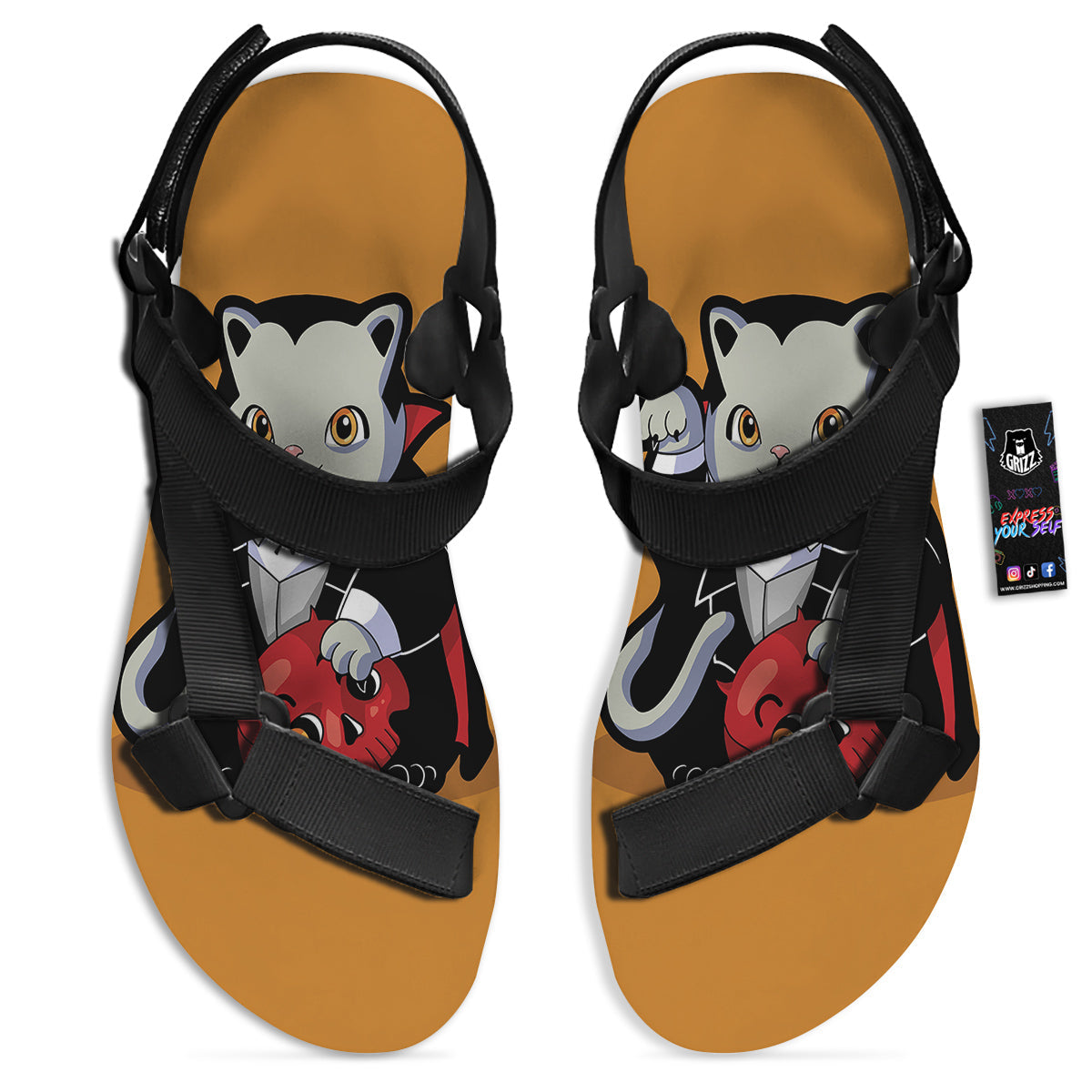 Dracula Cute Cat Print Black Open Toe Sandals-grizzshop