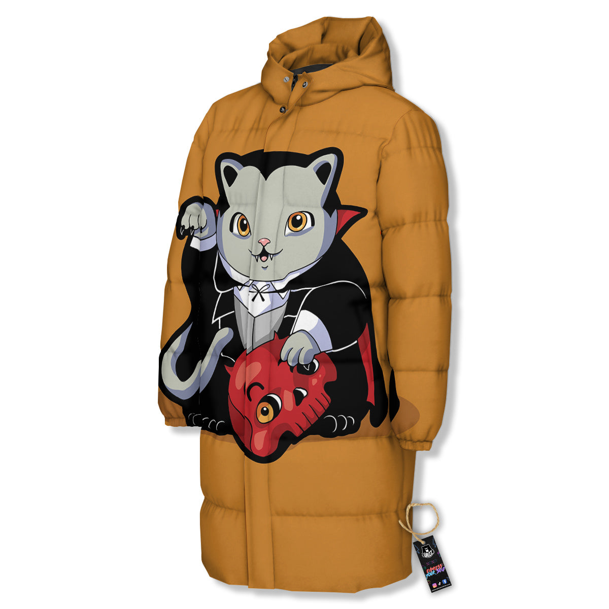 Dracula Cute Cat Print Long Down Jacket-grizzshop