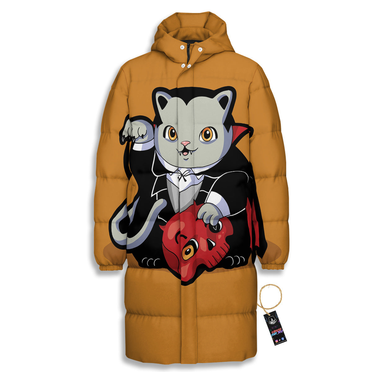 Dracula Cute Cat Print Long Down Jacket-grizzshop