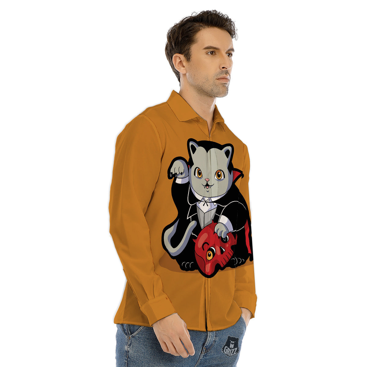 Dracula Cute Cat Print Men's Dress Shirts-grizzshop