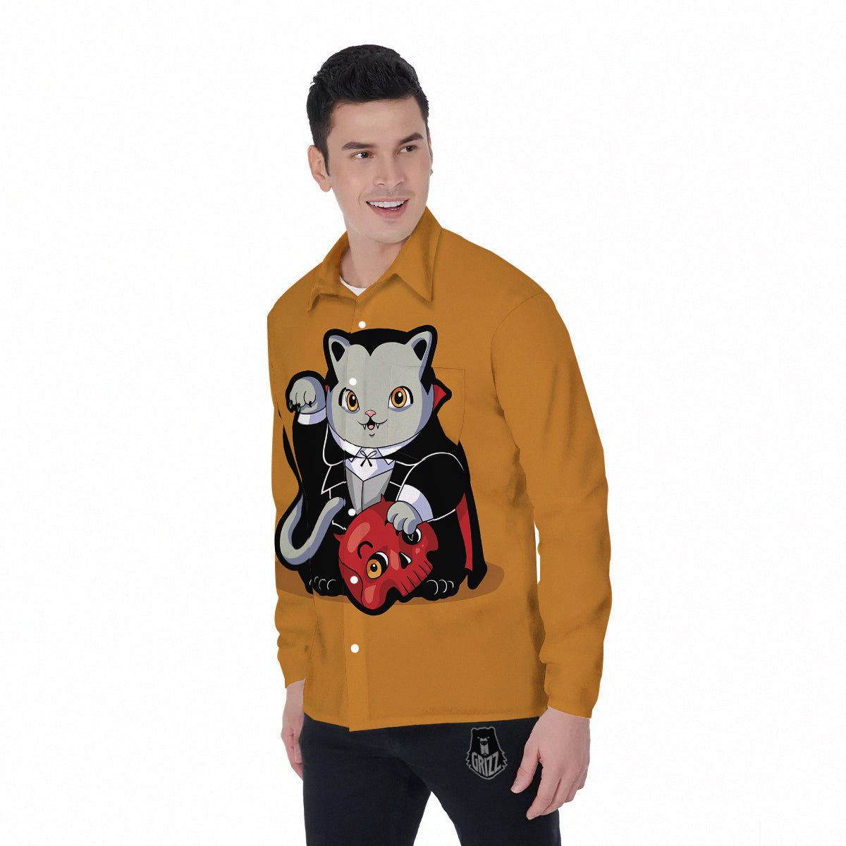 Dracula Cute Cat Print Men's Long Sleeve Shirts-grizzshop