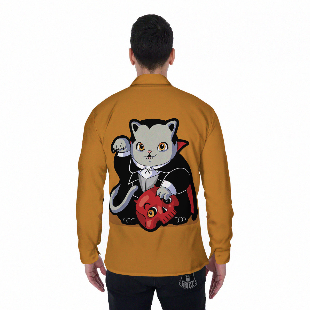 Dracula Cute Cat Print Men's Long Sleeve Shirts-grizzshop