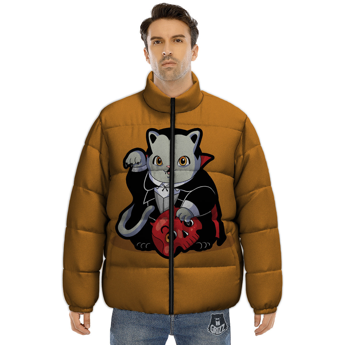 Dracula Cute Cat Print Puffer Jacket-grizzshop
