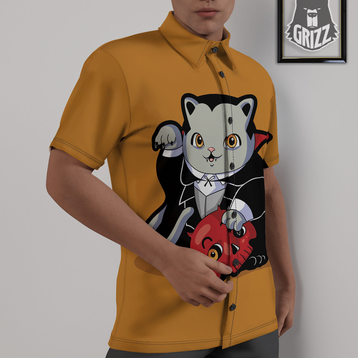 Dracula Cute Cat Print Untucked Shirts-grizzshop