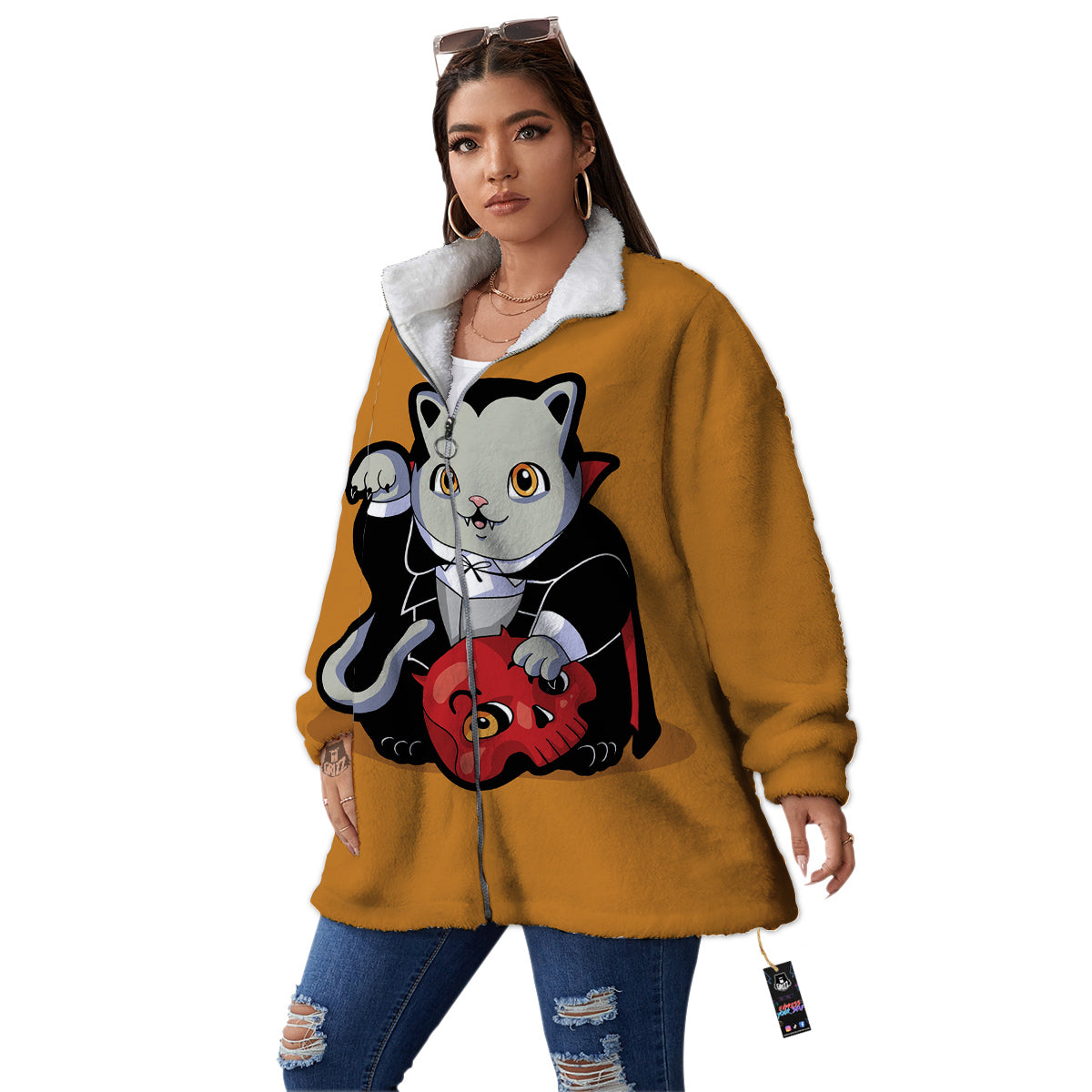Dracula Cute Cat Print Women's Sherpa Jacket-grizzshop