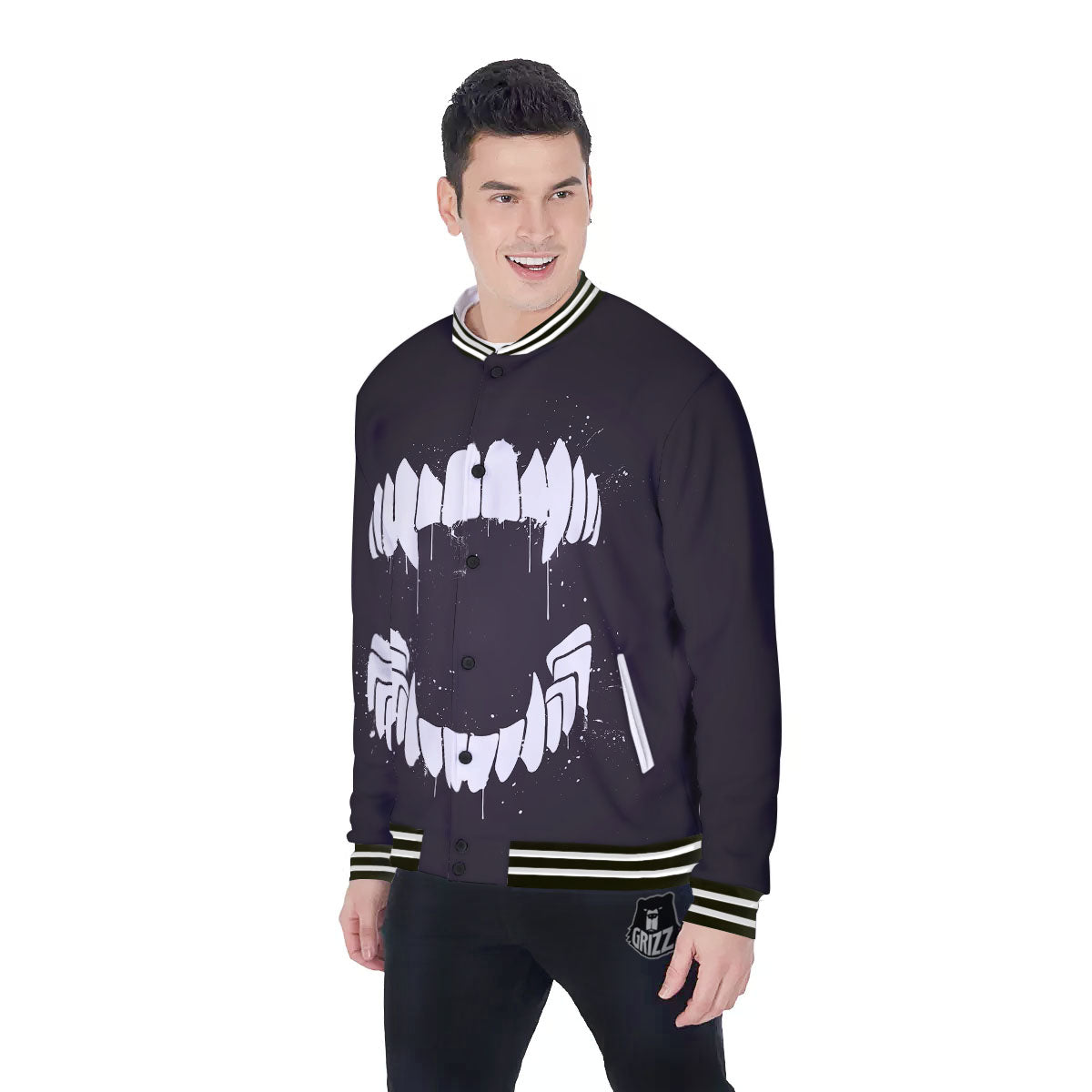 Dracula Fang Print Baseball Jacket-grizzshop