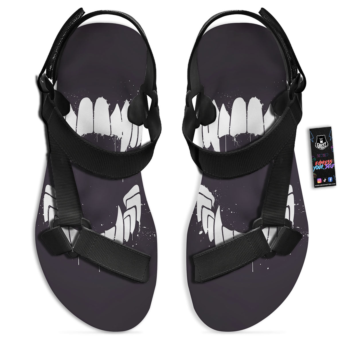 Dracula Fang Print Black Open Toe Sandals-grizzshop