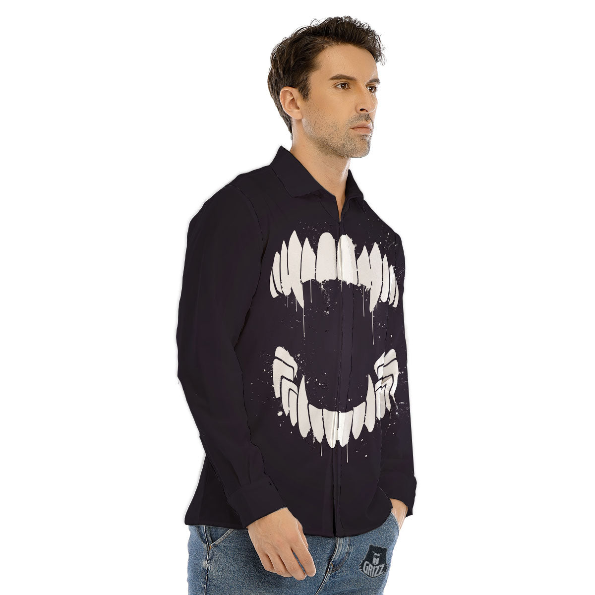 Dracula Fang Print Men's Dress Shirts-grizzshop