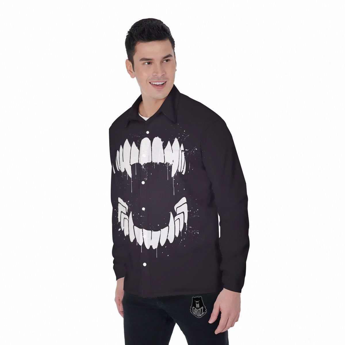 Dracula Fang Print Men's Long Sleeve Shirts-grizzshop