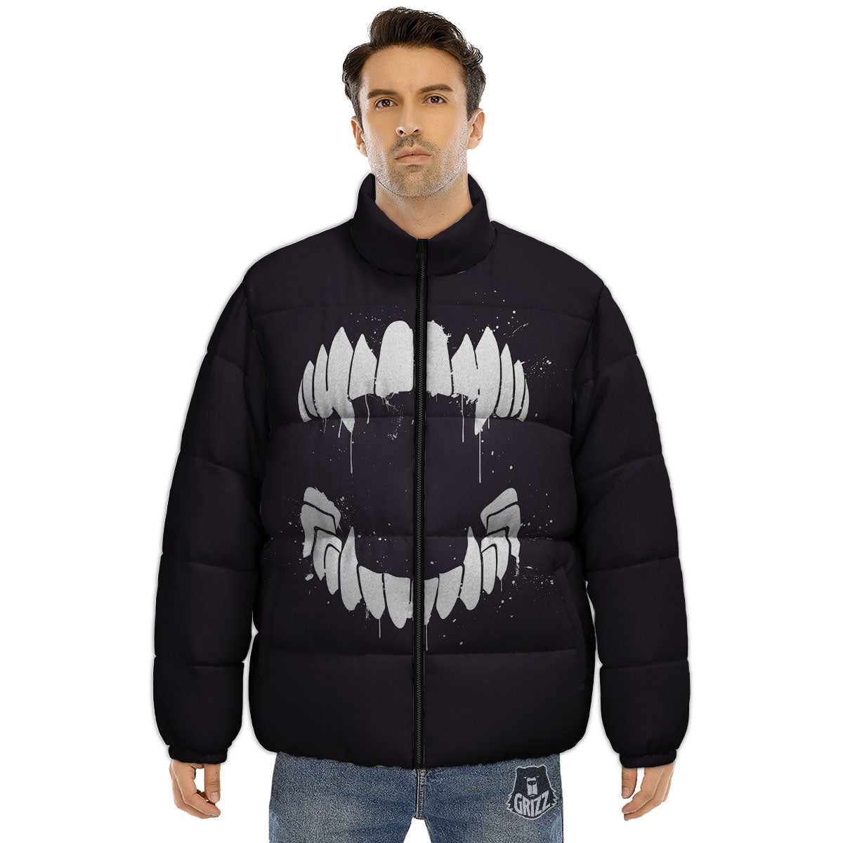 Dracula Fang Print Puffer Jacket-grizzshop