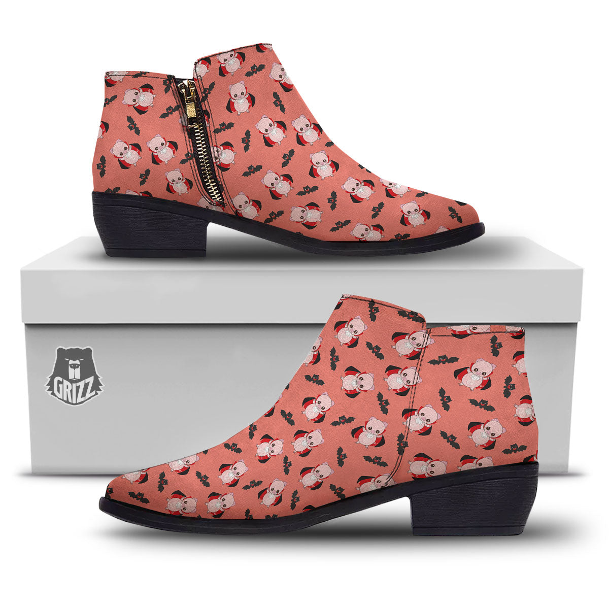 Dracula Pig Print Pattern Ankle Boots-grizzshop
