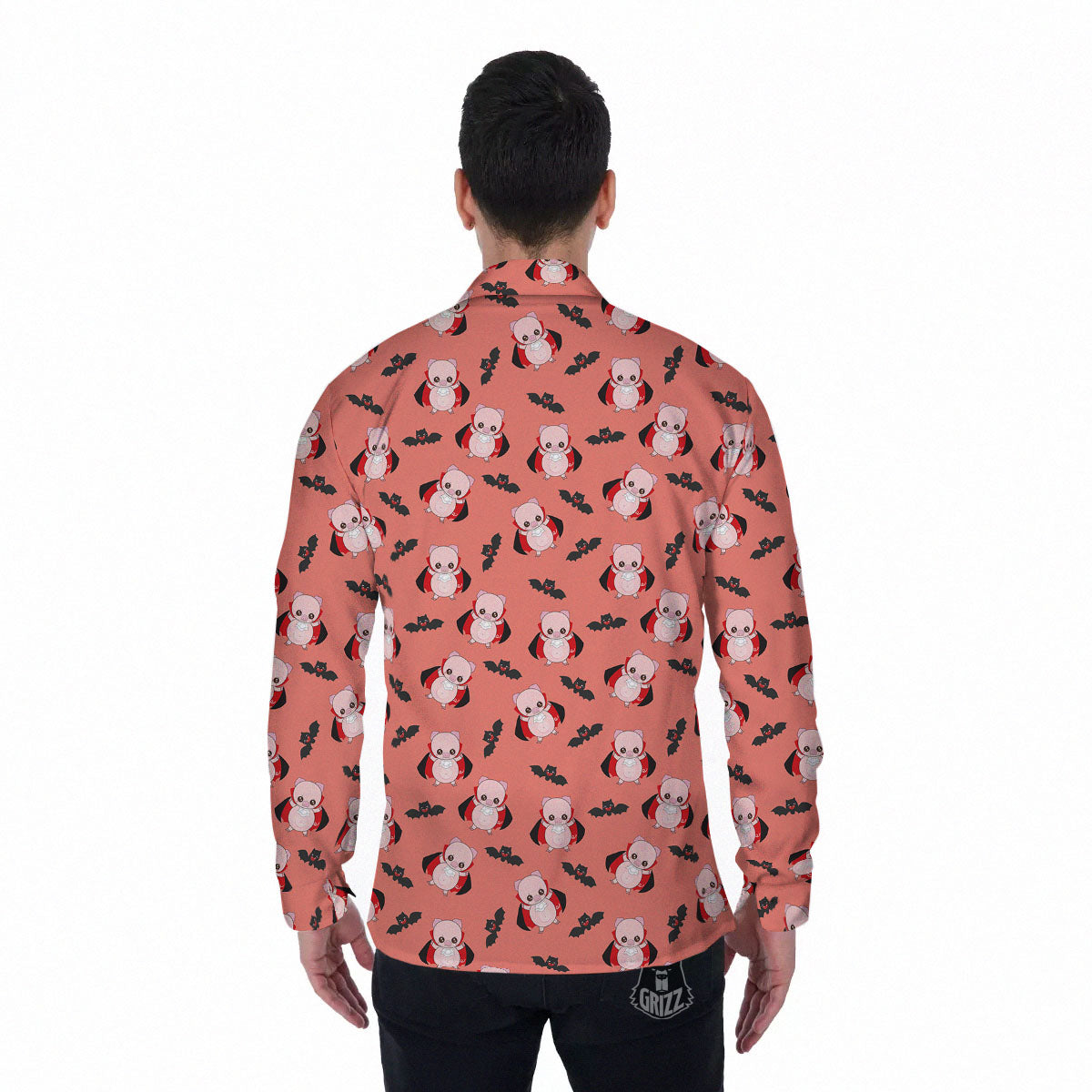 Dracula Pig Print Pattern Men's Long Sleeve Shirts-grizzshop