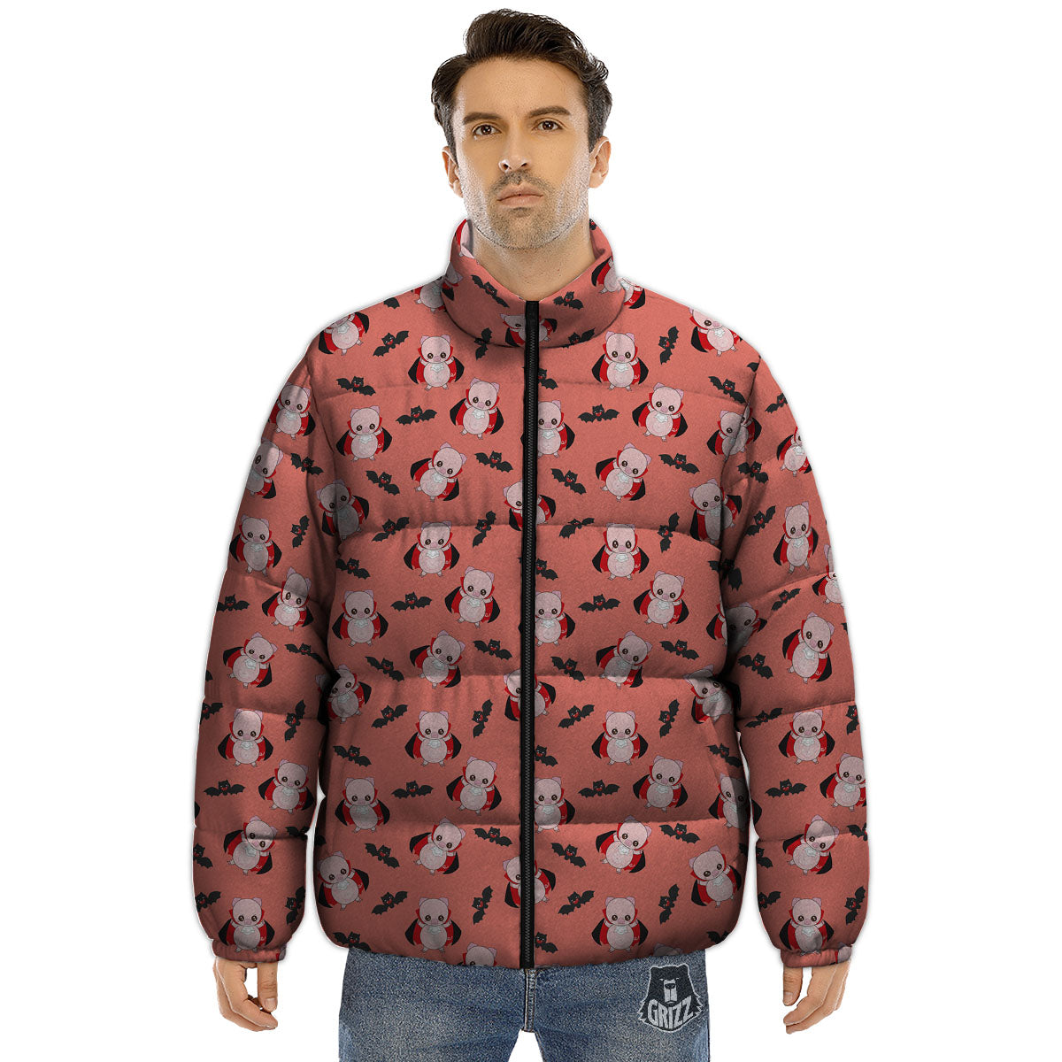 Dracula Pig Print Pattern Puffer Jacket-grizzshop