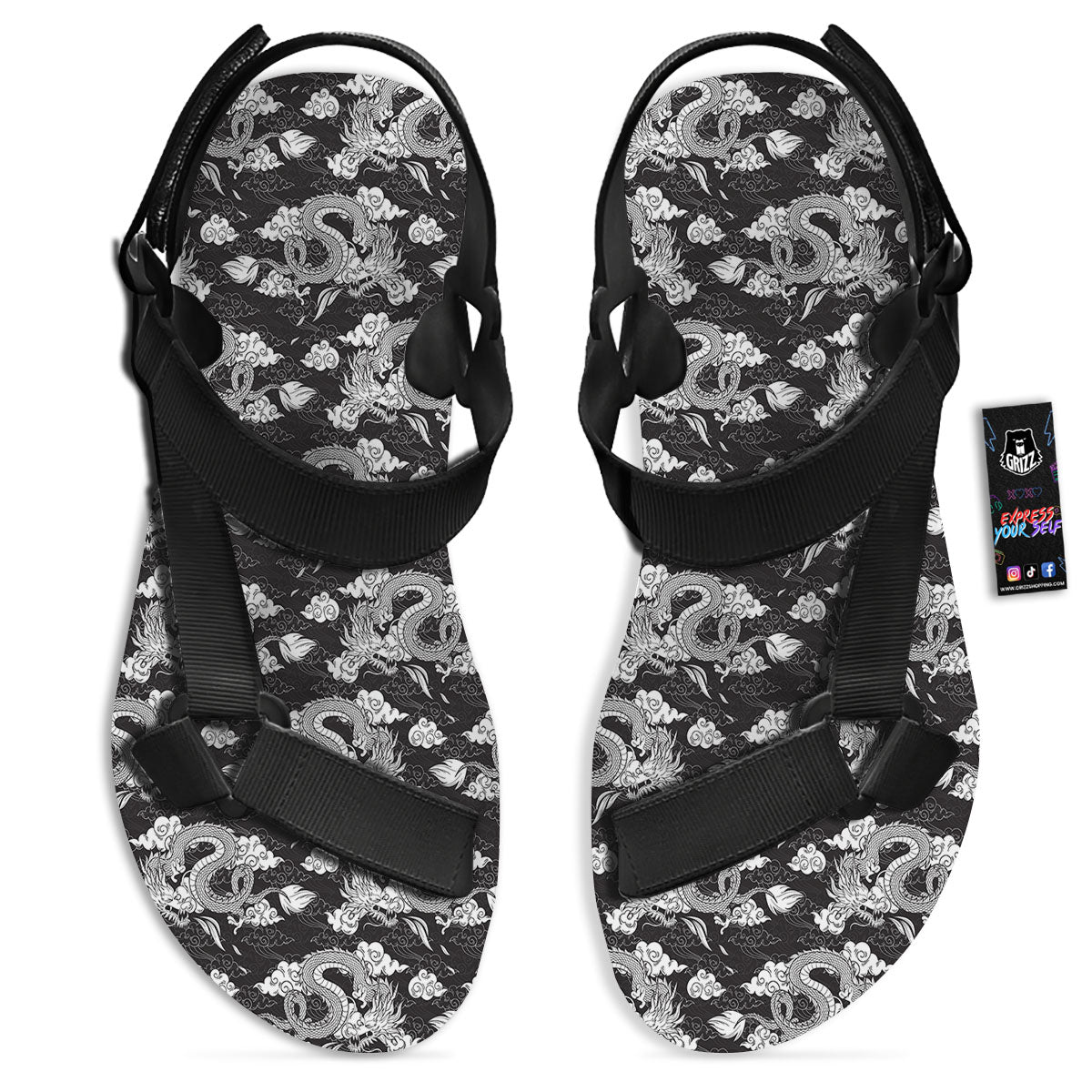 Dragon Eastern Print Pattern Black Open Toe Sandals-grizzshop