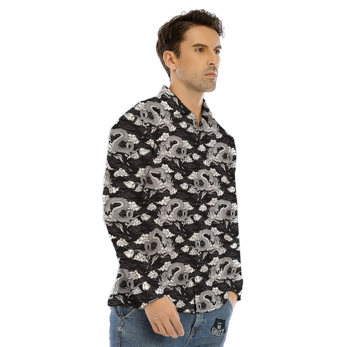 Dragon Eastern Print Pattern Men's Dress Shirts-grizzshop