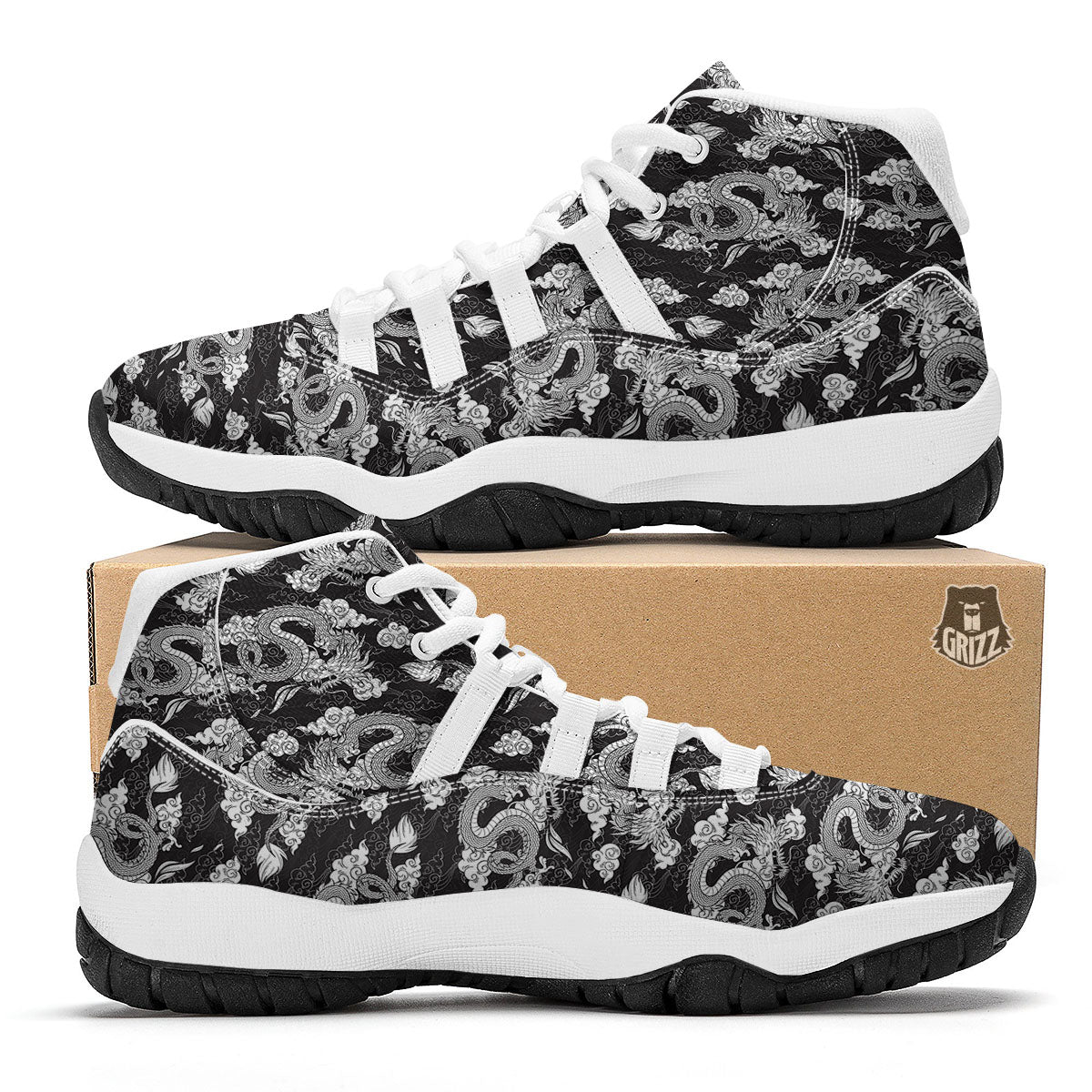 Dragon Eastern Print Pattern White Bball Shoes-grizzshop