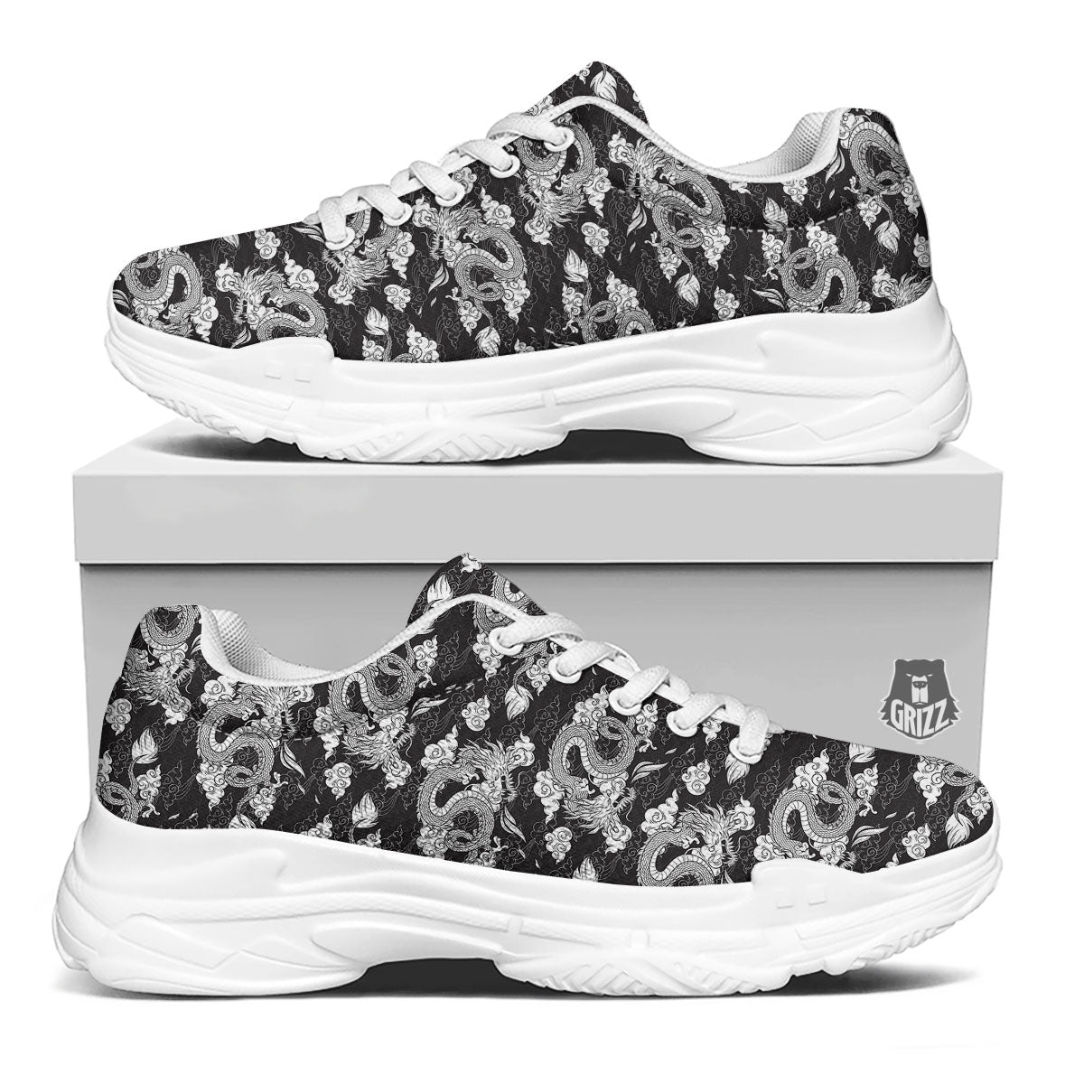 Dragon Eastern Print Pattern White Chunky Shoes-grizzshop