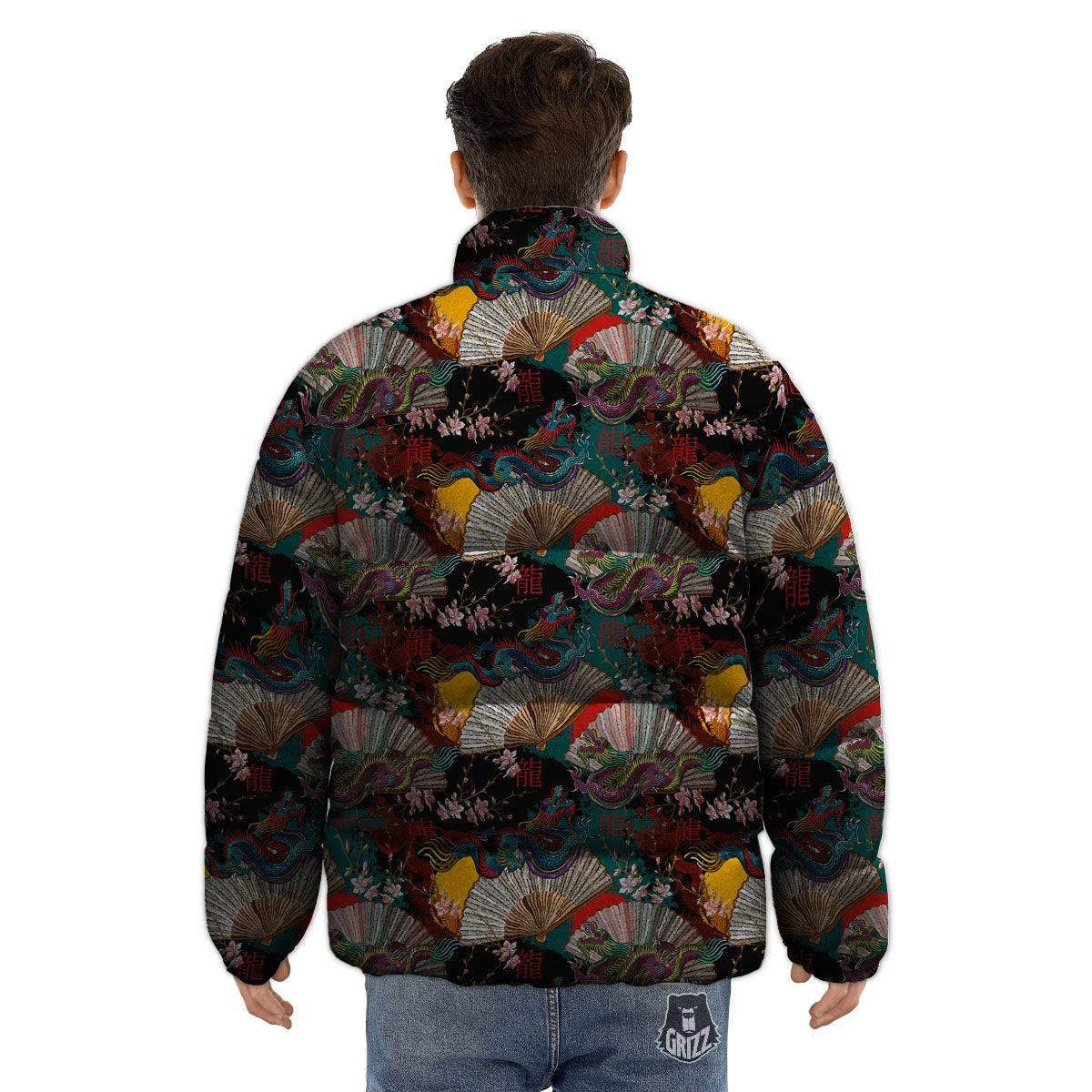 Dragon Embroidery Chinese Print Pattern Puffer Jacket-grizzshop